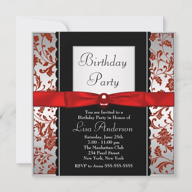 Invitation Cravate rouge et noir Bow Damask Anniversaire (Devant)