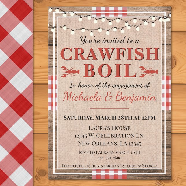 Invitation Crawfish Boil Homard Engagement Partie Rustique (Crawfish Boil Lobster Engagement Party Rustic Invitation)