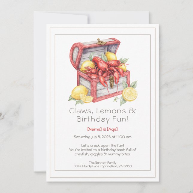Invitation Crayfish & Lemon Treasure Chest Birthday  (Devant)