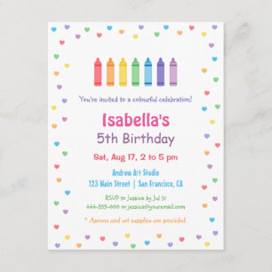 Invitation Crayons de coeurs arc-en-ciel Fête d'anniversaire 