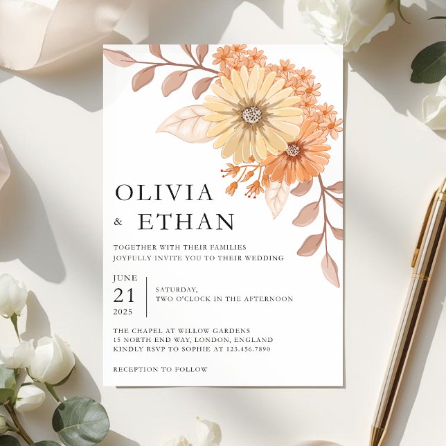 Invitation Cream Apricot Floral Wedding Invitation, W004 (Créateur téléchargé)