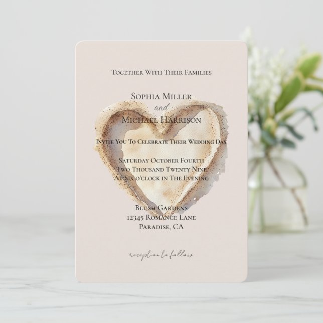 Invitation Cream Beach Heart Dans Le Mariage De Sable (Debout devant)