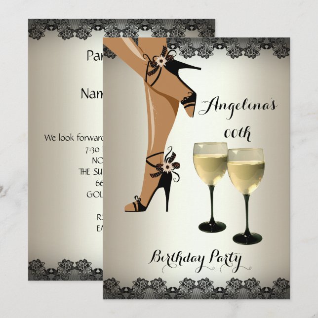 Invitation Cream Black Chaussures Vin Verre Anniversaire (Devant / Derrière)