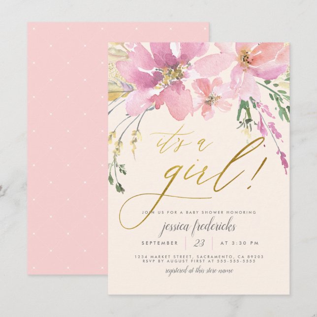Invitation Cream Blush & Gold C'est une fille Baby shower flo (Devant / Derrière)