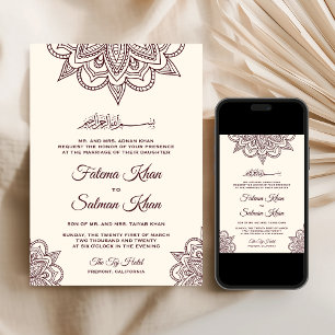 Invitation Cream Bourgogne Henna Mehndi Mariage musulman isla