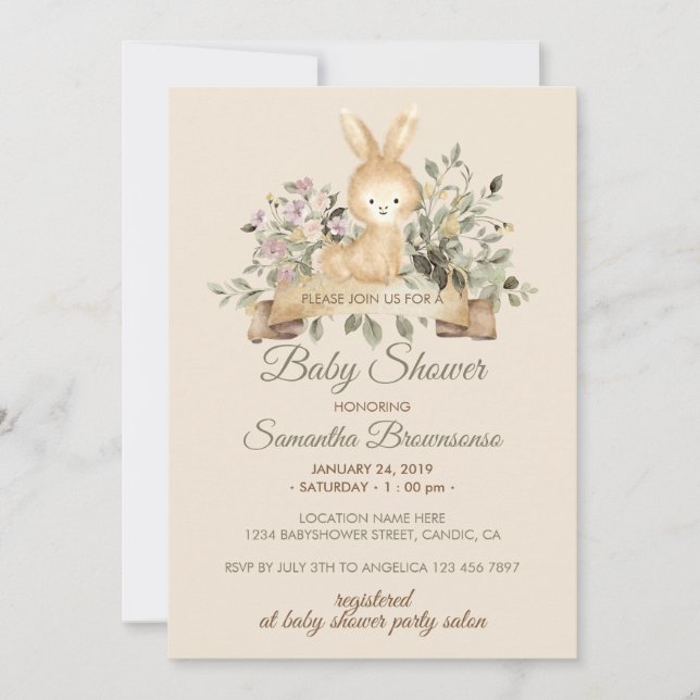 Invitation Cream Bunny Rabbit Botanical Floral Baby Shower (Devant)