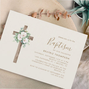 Invitation Cream Flowery Cross Script moderne Baptême