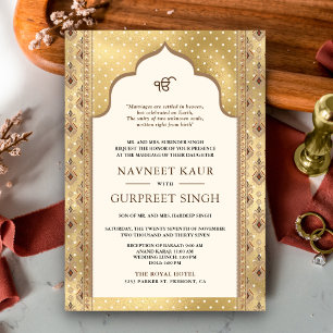 Invitation Cream Gold QR Code Anand Karaj Sikh Mariage