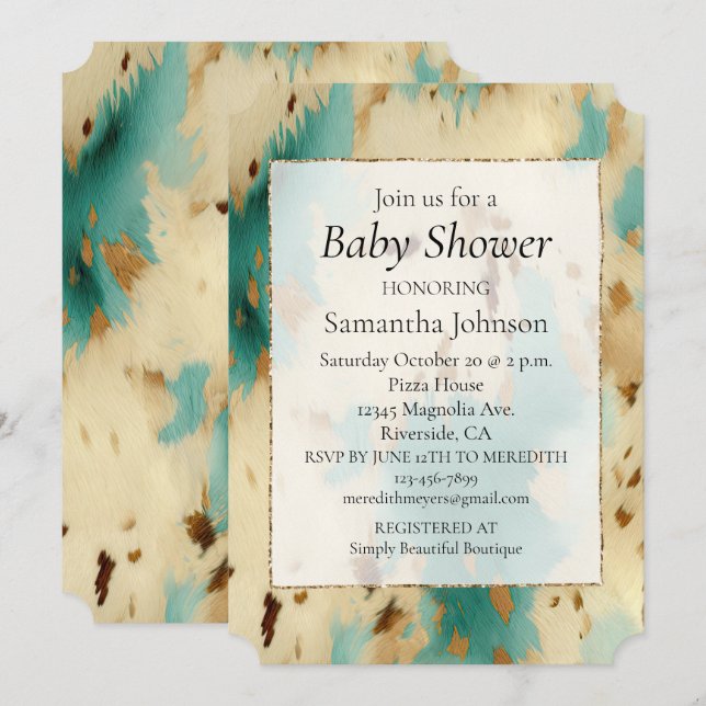 Invitation Cream Gold Turquoise Cowhide Animal (Devant / Derrière)