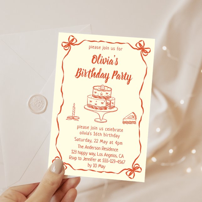 Invitation Cream Hand-Drawn Cake & Ribbon Border Birthday  (Créateur téléchargé)