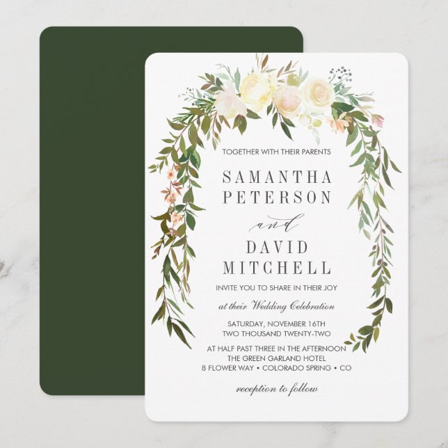 Invitation Cream Hunter Green | Mariage végétal (Devant / Derrière)