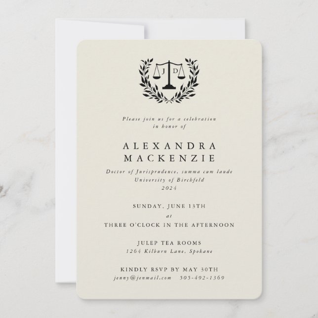 Invitation Cream JD Law Scales Laurel Wreath Graduation Invit (Devant)