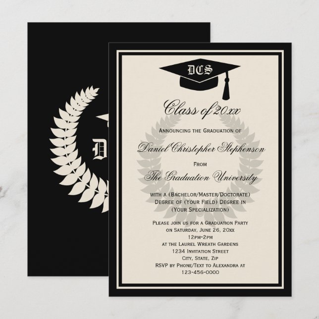 Invitation Cream Monogram Laurel Classic College Graduation (Devant / Derrière)