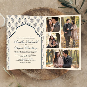 Invitation Cream Navy Blue Ikat All in One Mariage indien