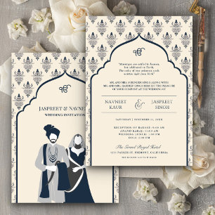 Invitation Cream Navy Blue Punjabi Anand Karaj Sikh Mariage