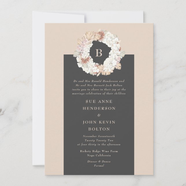 Invitation Cream Pampas Wreath Mariage de monogramme de charb (Devant)