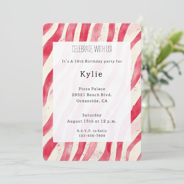 Invitation Cream Red Candy Cane Stripes Birthday   (Debout devant)