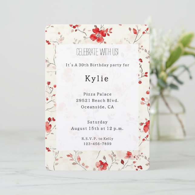 Invitation Cream Red Floral Birthday   (Debout devant)