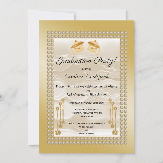 Invitation Cream Silk & Pearls Graduate Gold Metallic (Devant)