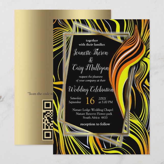 Invitation Creative Black, jaune et orange sans fil abstraits (Devant / Derrière)