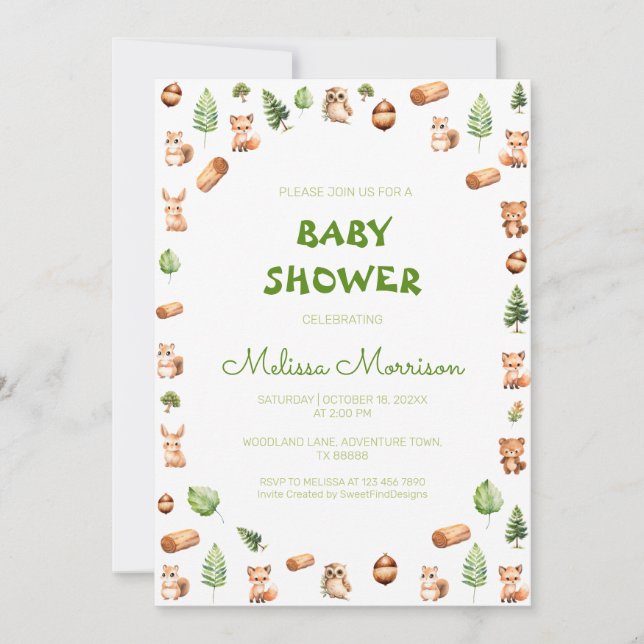 Invitation Créatures forestières Baby shower rustique (Devant)