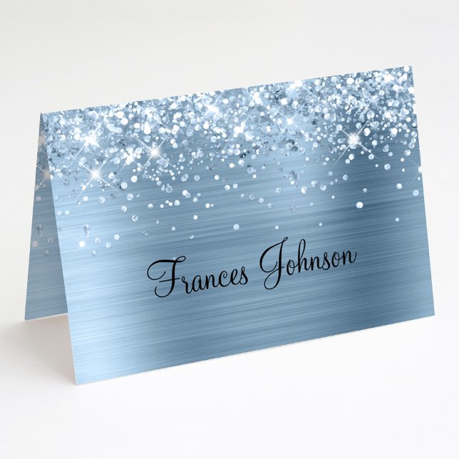 Invitation Créez vos propres cartons nominatifs bleus scintil (Fold Your Own Glittery Blue Name Place Cards)