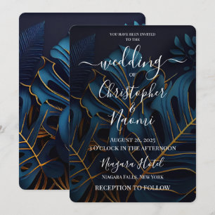 Invitation Créez votre propre Mariage Feuille Dark Blue & Gol
