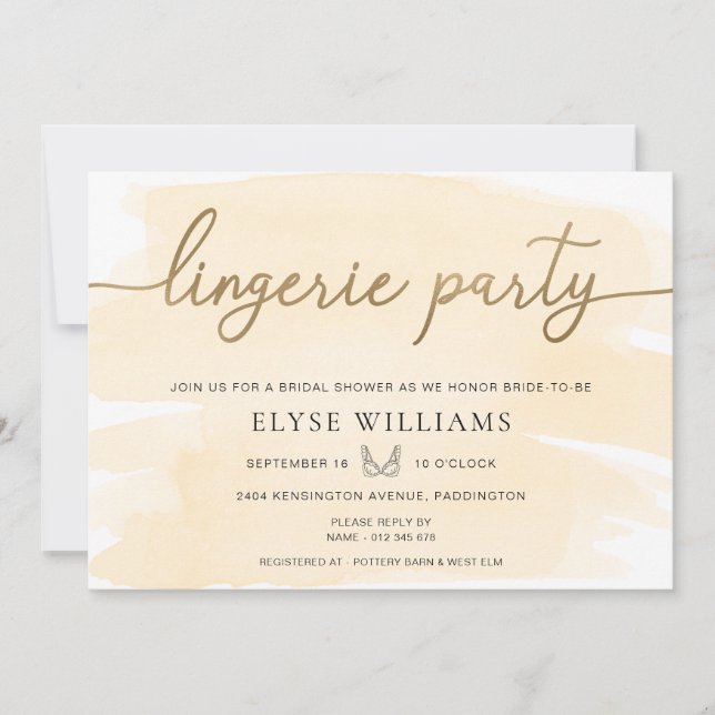 Invitation Crème Aquarelle Gold Lingerie Fête des mariées (Devant)