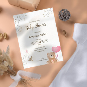 Invitation Crème Bear Love Aquarelle Baby shower feuille