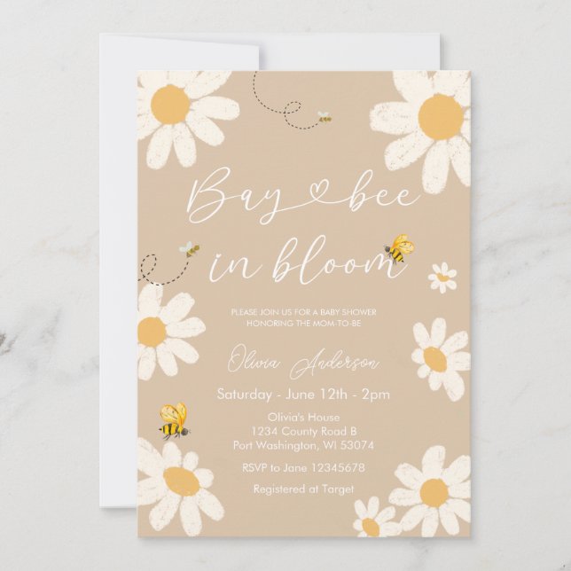 Invitation Crème Beige Daisy Bay Baby shower Bee (Devant)
