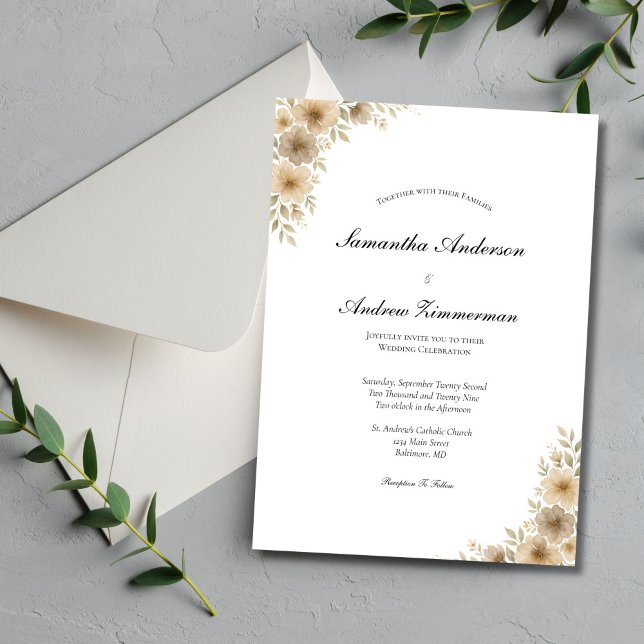 Invitation Crème beige Gris Neutre Floral Élégant Mariage (Beige Cream Gray Neutral watercolor Florals Wedding Invitation. Boho Modern, Printed or Digital)