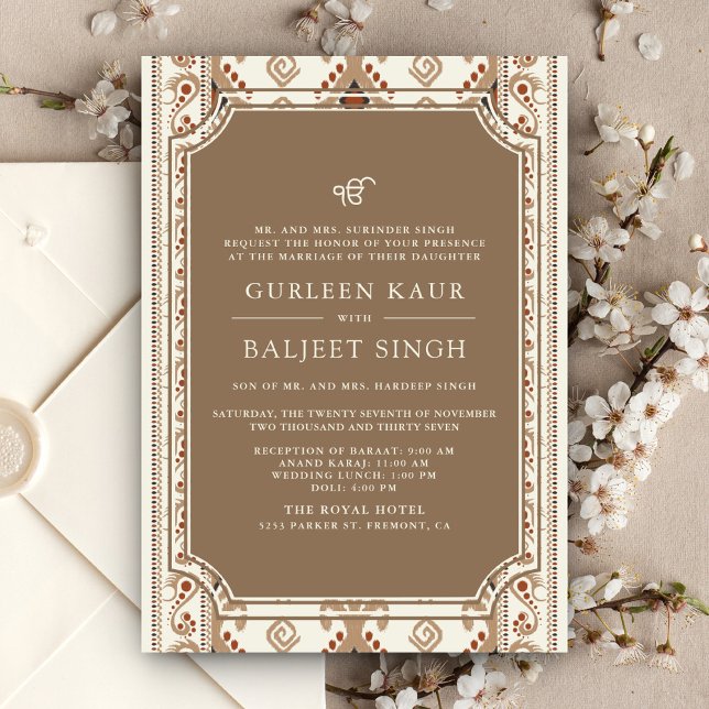 Invitation Crème Beige Ikat Anand Karaj Sikh Mariage (Créateur téléchargé)