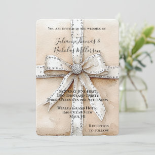 Invitation Crème Blanc Argent Glitzy Mariage Glam Bow