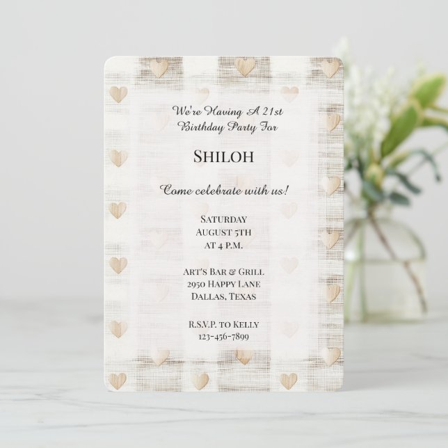 Invitation Crème Blanc Beige Boho Coeurs Anniversaire (Debout devant)