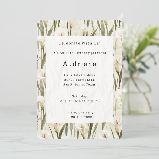 Invitation Crème Blanc Calla Lily Floral Anniversaire (Debout devant)