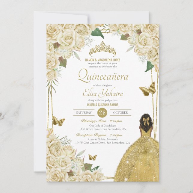 Invitation Crème Blanc Or Floral Butterfly Rose Quinceanera (Devant)