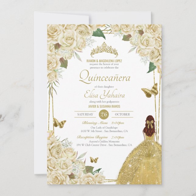 Invitation Crème Blanc Or Floral Butterfly Rose Quinceanera (Devant)