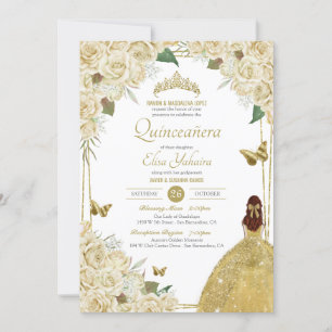 Invitation Crème Blanc Or Floral Butterfly Rose Quinceanera