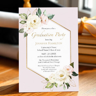 Invitation Crème blanche et Dusty rose Floral fête de graduat