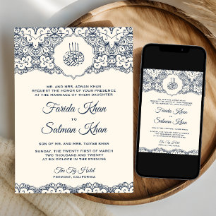 Invitation Crème Bleu Nuit Dentelle Mariage Islamique Musulma