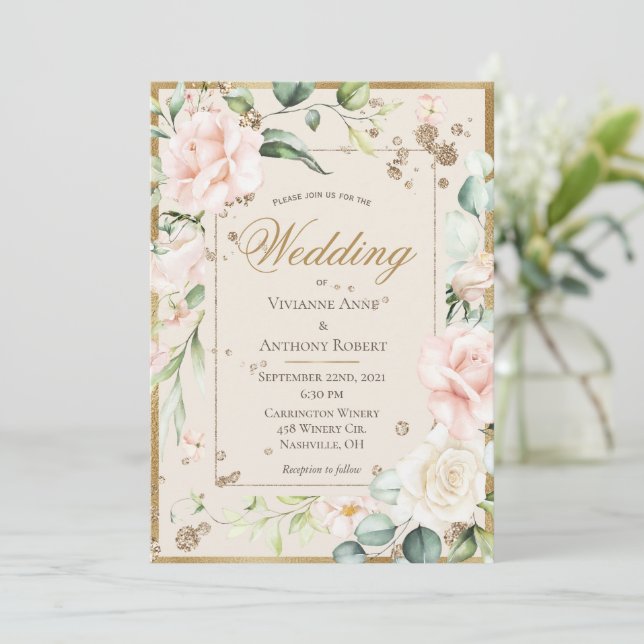 Invitation Crème Blush Floral Aquarelle Mariage romantique (Debout devant)