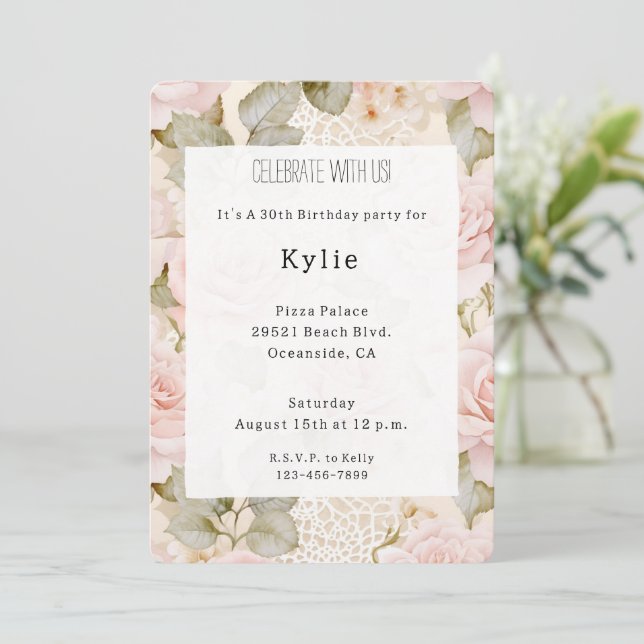 Invitation Crème Blush Roses Rose Floral Anniversaire (Debout devant)