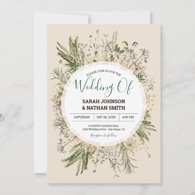 Invitation Crème botanique Faux Fleurs séchées Mariage (Devant)
