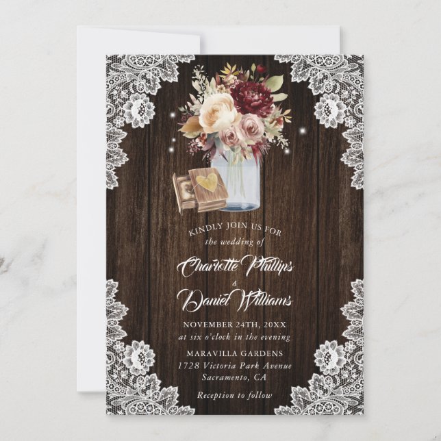 Invitation Crème Bourgogne Mauve Bois Rustique Mariage Floral (Devant)