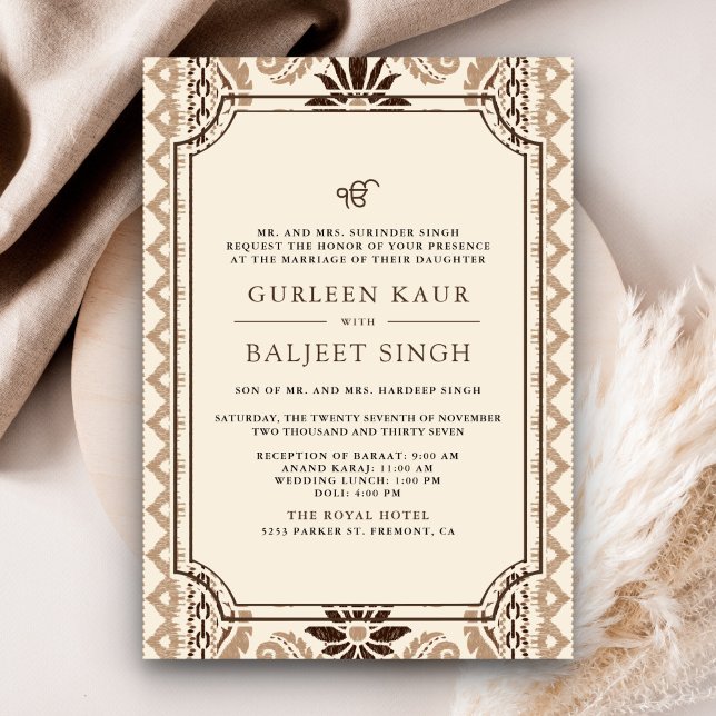 Invitation Crème Brown Beige Ikat Anand Karaj Sikh Mariage (Créateur téléchargé)