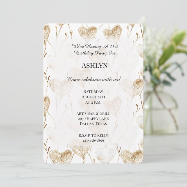 Invitation Crème Brown Coeurs Boho Anniversaire (Debout devant)