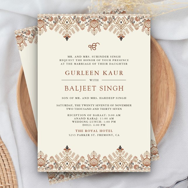 Invitation Crème Brown Ikat Anand Karaj Sikh Mariage (Créateur téléchargé)