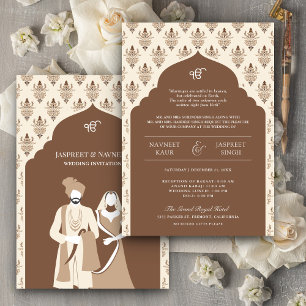 Invitation Crème Brown Punjabi Anand Karaj Sikh Mariage