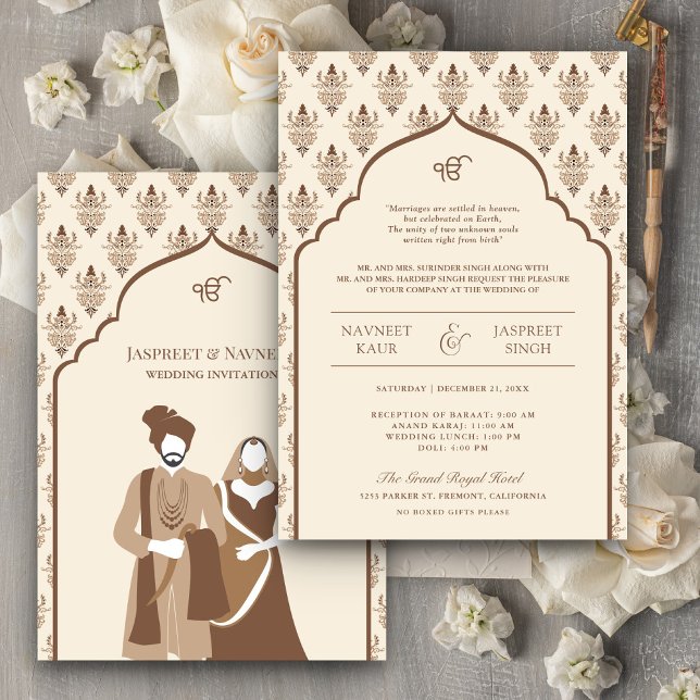 Invitation Crème Brown Punjabi Anand Karaj Sikh Mariage (Créateur téléchargé)