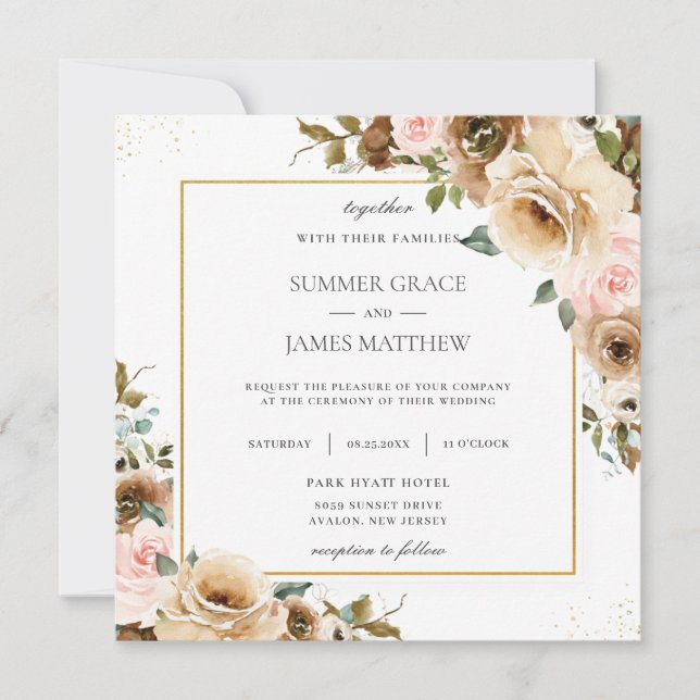 Invitation Crème Brown Rustique Blush Floral Green Invitatiat (Devant)